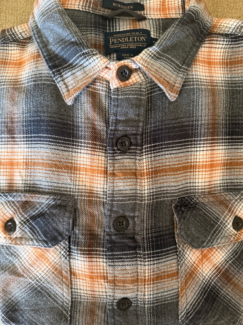 Pendleton Men's Orange and Gray Plaid Button-Down Flannel Shirt